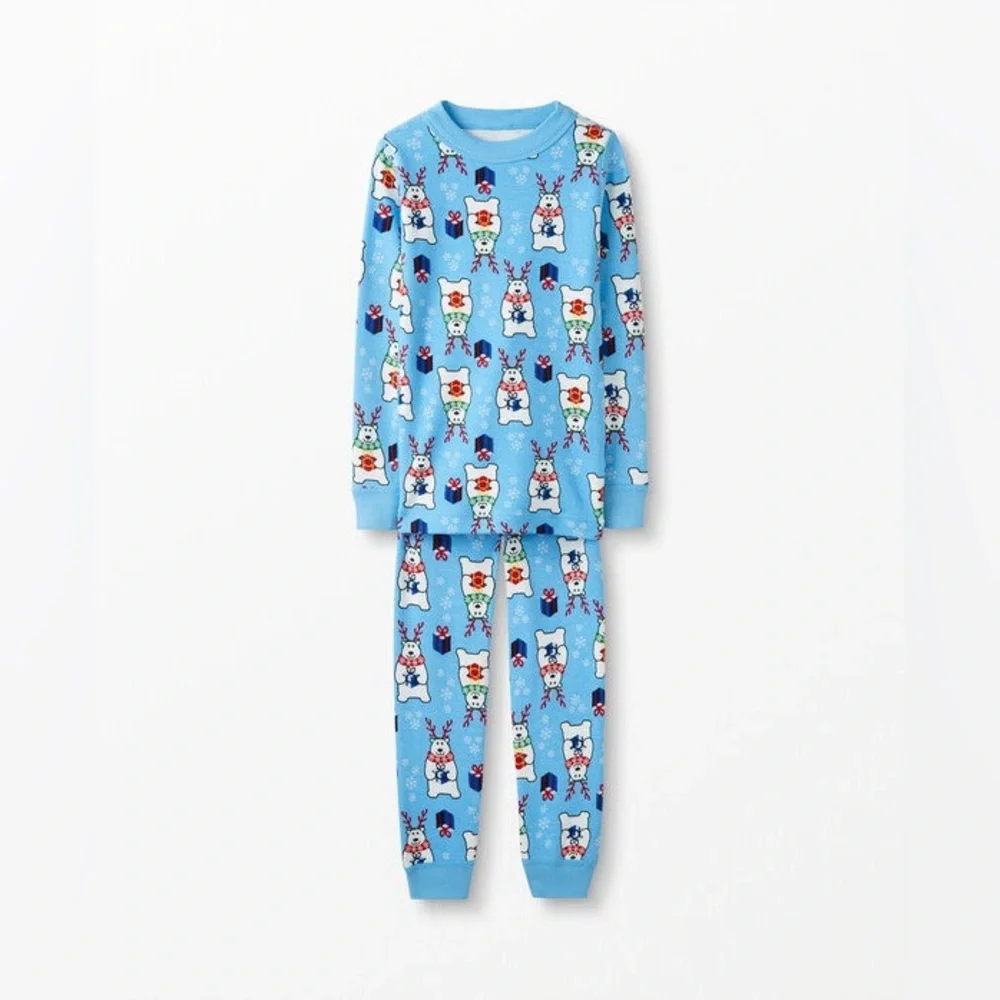 Hanna Andersson Long John Pajamas in Organic Cotton Beary Merry Blue Size 6-7